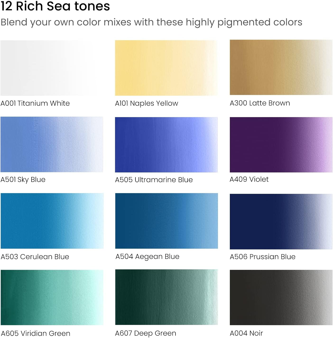 ARTEZA Gouache Paint, Set of 12, Sea Tones, 0.4 US fl oz Gouache Paint Tubes, Opaque Gouache Set